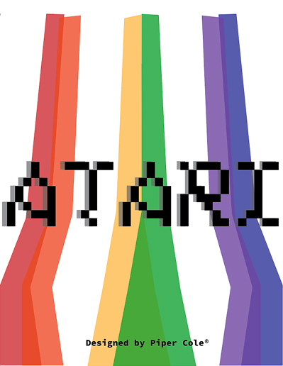colorful asymetric rainbow background with atari written in jaged typeface in center of composition