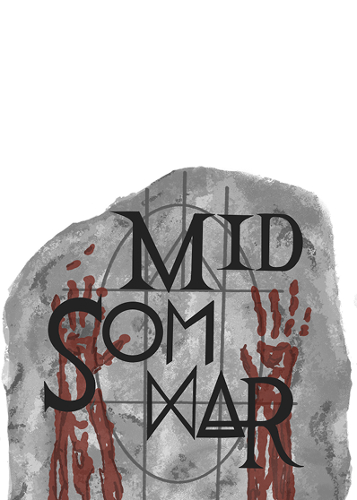 illustrated rock with midsommar written on it in black writing with bloody hard prints smeared down the front.