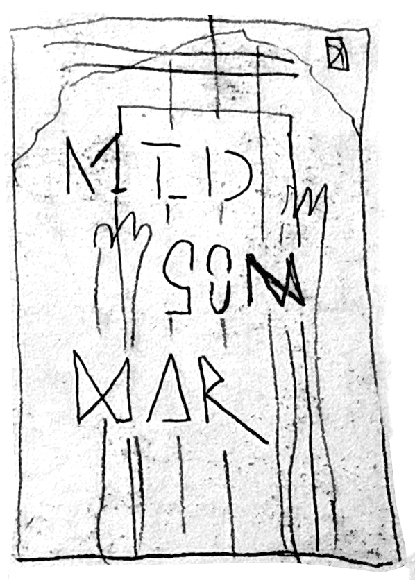  preliminary sketch depicting the words midsommar written on a rock with hand prints