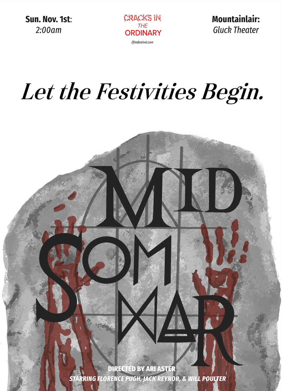 illustrated rock with midsommar written on it in black writing with bloody hard prints smeared down the front.Poster has date and time of mock film festival as well as the directors and main actors of the film.