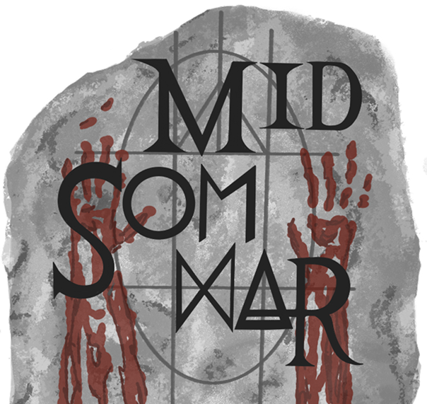 illustrated rock with midsommar written on it in black writing with bloody hard prints smeared down the front.