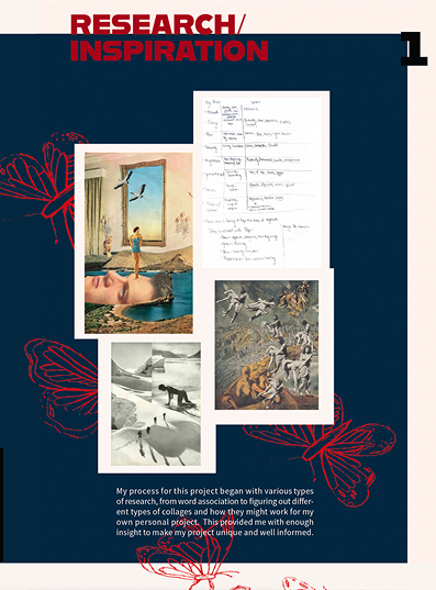 image of page in a blue background proces book with collaged images and text depicting the research side of the project.