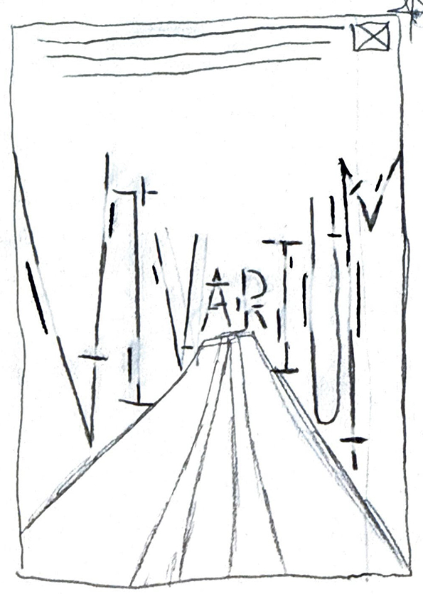preliminary sketch showing poster design of the words vivarium chopped up on a road